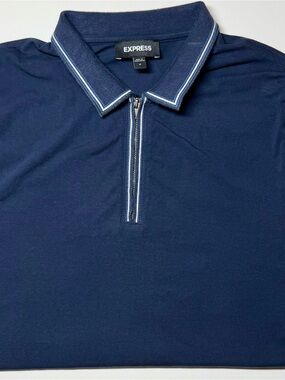 Express Navy Blue Zipper Polo Shirt Stripe Collar Men’s Medium